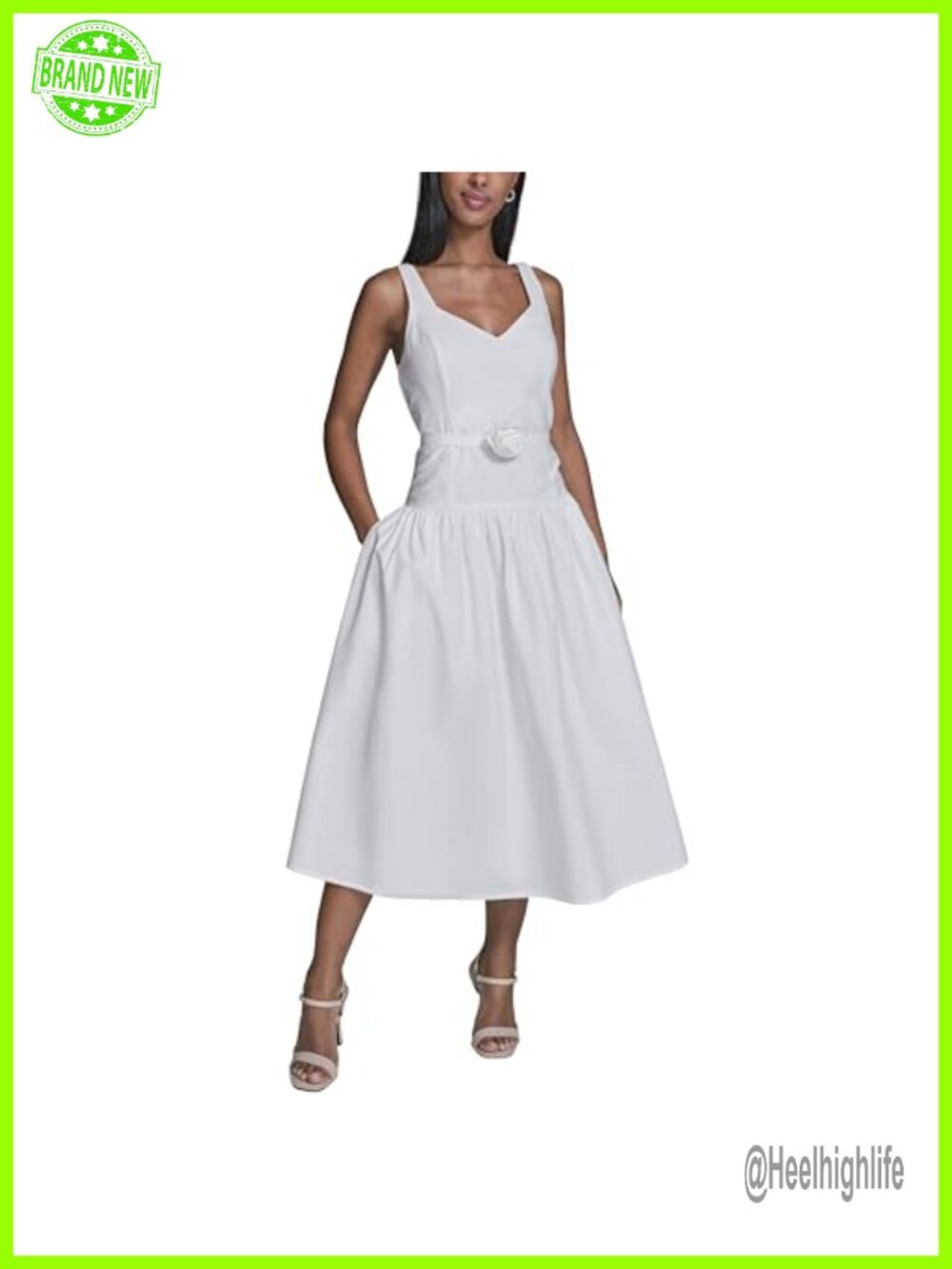 Sleeveless Drop Waist Midi Dress Flower Applique Belt V-Neck A-Line